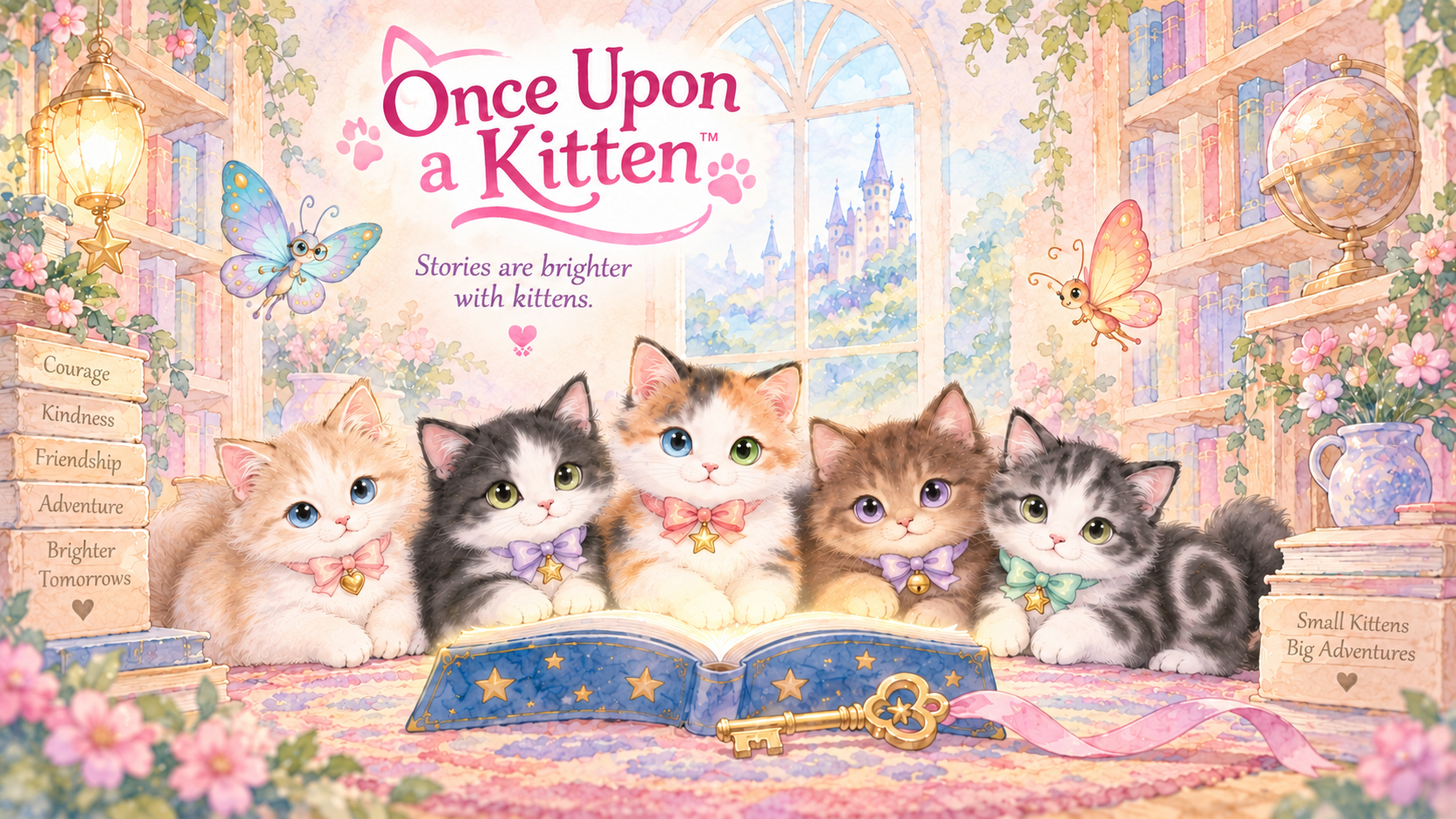 Spice, a calico kitten with a pink bow and gold bell, stands among enchanted bookshelves beneath a starry sky.